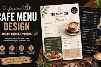 design a stylish cafe menu, coffee shop menu and food menu