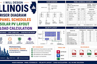 design illinois riser diagram, panel schedules, solar pv layout load calculation