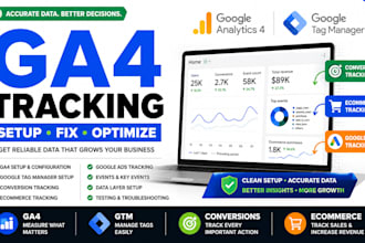 setup google analytics 4 ga4, GTM, ecommerce and conversion tracking