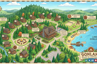 design a custom illustrated tourists resort travel or campground  map