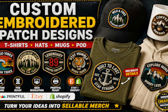 design custom embroidered patch tshirts hat mug pod printful shopify etsy store