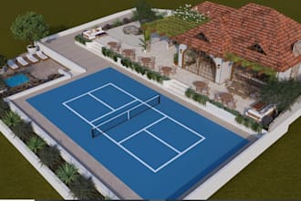 render3d for public tennis court,outdoor lounge,basketball center,wellness pool