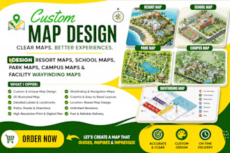 design resort map, school map, park map, campus map and facility wayfinding map