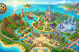 design custom amusement park map, attraction map, and tourist destination map
