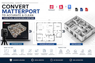 convert matterport to accurate and clean floor plan, autocad dwg and revit bim