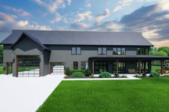 design a custom pole barn house plan with floor plan and elevations