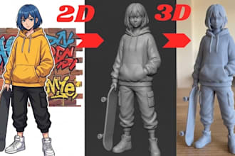 convert 2d image sketch to 3d model stl, 3mf for 3d printable character figurine