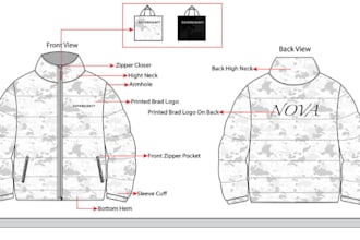 create custom puffer jacket tech pack and technical flat design for production