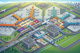 design airport map, terminal map, travel map, wayfinding map and location map