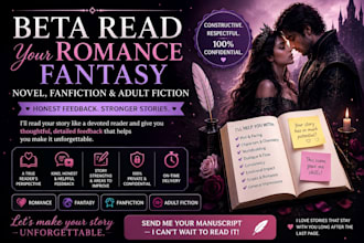 beta read your romance fantasy novel, fanfiction and adult fiction