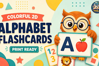 create colorful 2d flashcards for preschool alphabet, phonics, numbers, animals