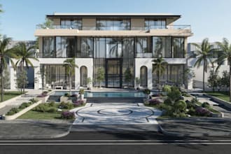 remodel luxury villa design, tropical modernism facade,cgi building glass atrium