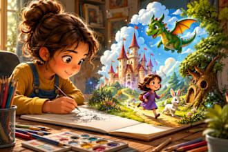 design 2d children book illustration, children songwriting book, kids story book