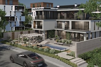 sustainable town house,upscale condo exterior facade,courtyard,forest garden,cad