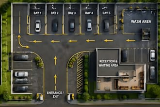 build 3d car valeting bay design, auto detailing center, car wash layout,