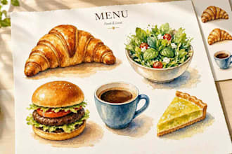 create watercolor food illustrations for menu and packaging