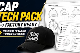 create a factory ready cap tech pack with technical drawings for manufacturing