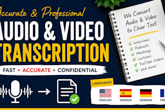 transcribe audio, do video transcription english spanish german french in 24hrs