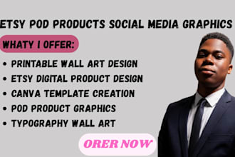 design printable wall arts, canva templates, etsy pod products, and social media
