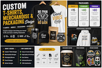 design t shirts, merchandise, packaging sleeves, pouches and stickers