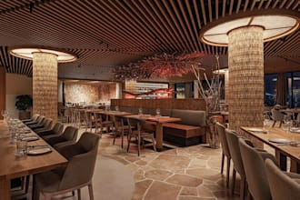 aesthetic 3d restaurant interior, realistic render, cozy bar design, cafe layout