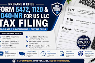 prepare and efile form 5472, 1120 and 1040nr for US llc tax filing