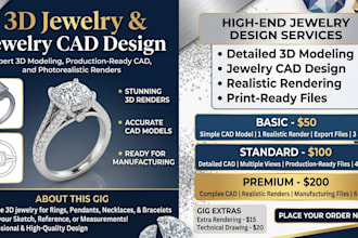 l create 3d jewelry design, jewelry cad and realistic jewelry rendering