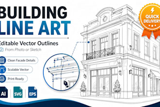 draw detailed building line art with editable vector outlines