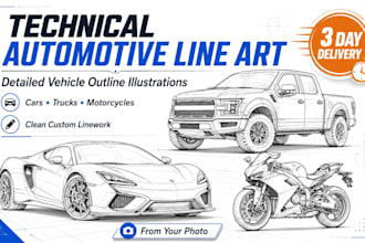 draw technical automotive line art and detailed vehicle outline illustrations
