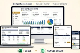 design editable google sheets or excel budget spreadsheet, planner and invoice