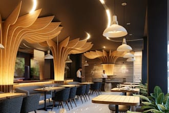 renovate 3d fast food restaurant, interior design lounge bar nightclub rendering
