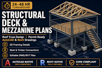 draft deck structural plan, roof truss design, and mezzanine framing