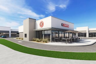render commercial architecture for strip mall  exterior, parking lot layout, cgi