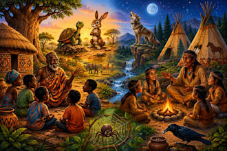 create african and american folktale illustrations for kids