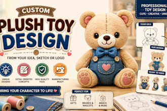 design a custom plush toy or plushie from idea, sketch or logo