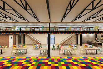 design family entertainment centre, indoor playground and kids space in 3d cgi