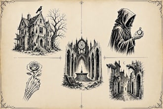 draw horror and gothic line art illustrations