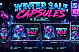 design cyberpunk synthwave steam capsule art for winter sale