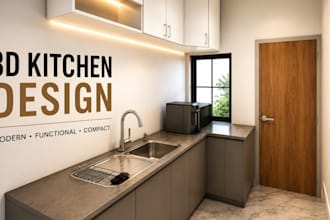 design 3d kitchen, kitchen cabinets, floor plan and realistic kitchen rendering
