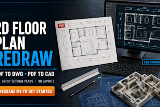 redraw 2d floor plan, PDF to dwg, PDF to cad, architectural plans, 3d layouts