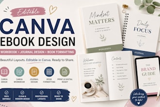 editable canva ebook design, workbook, journal design, ebook layout formatting
