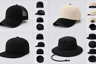 create cap tech pack for trucker and bucket hat, dad hat, snapback and mockup