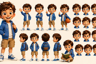 create, design unique children book characters with poses for your story