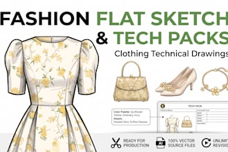 design fashion flat sketch and tech pack for clothing