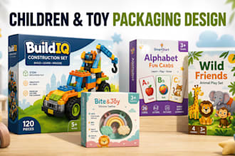 design colorful children, baby and toy product packaging, box and label design