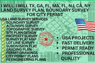 tx, ga, fl, ma, nj, ca, ny land survey plan, boundary survey for city permit