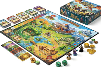 design custom board game, card game, tabletop game art, rulebook and box