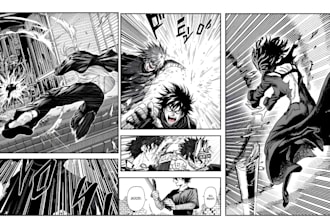 draw action manga page, panel shonen dark fantasy manga art as your manga artist