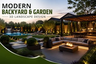 create modern 3d backyard and garden landscape design with realistic rendering