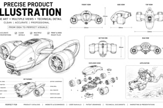 design illustration of product with line art, vector art and technical drawings